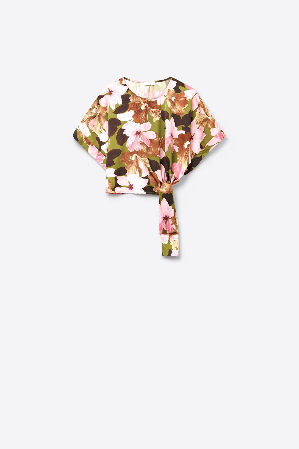 Top à nœud floral sur fond vert en tissu satiné