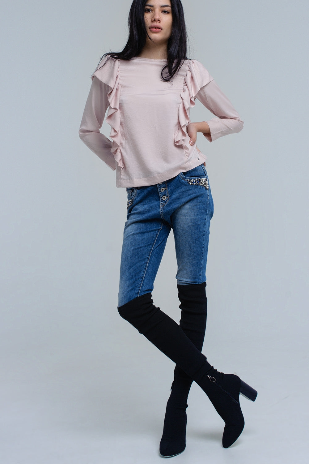 Top à volants en rose pâle