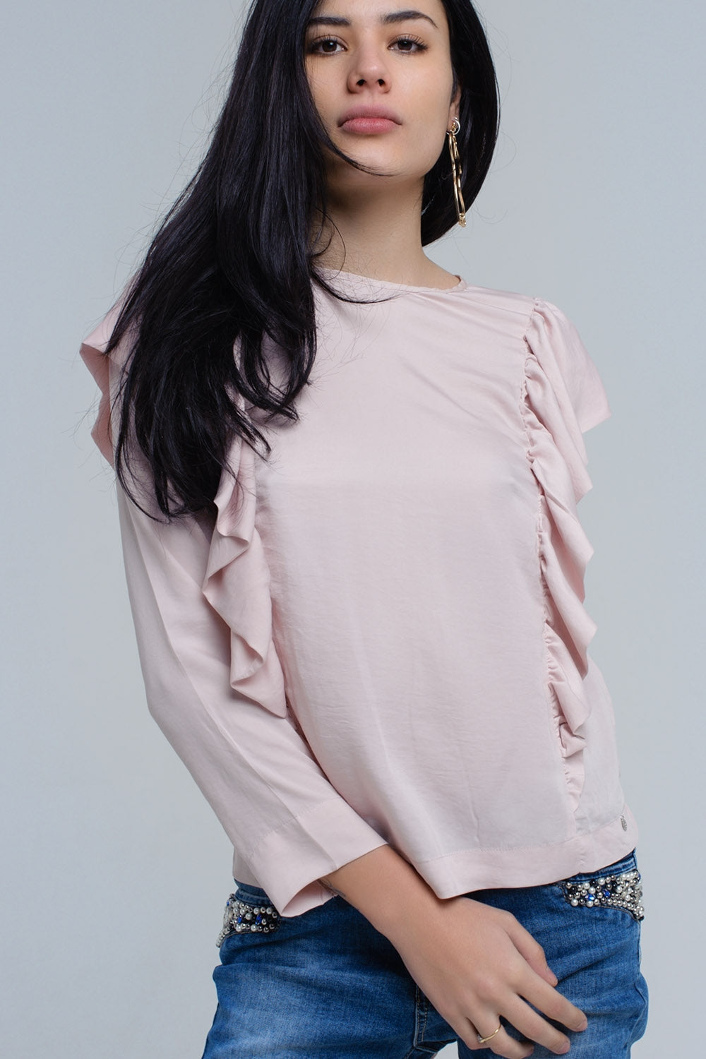 Top à volants en rose pâle
