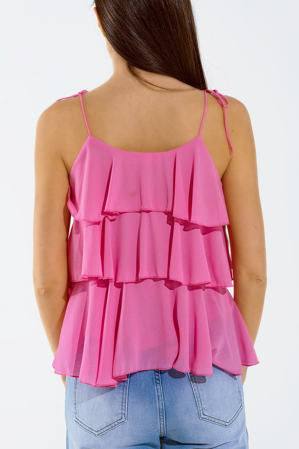 Top à volants et fines bretelles Fuchsia
