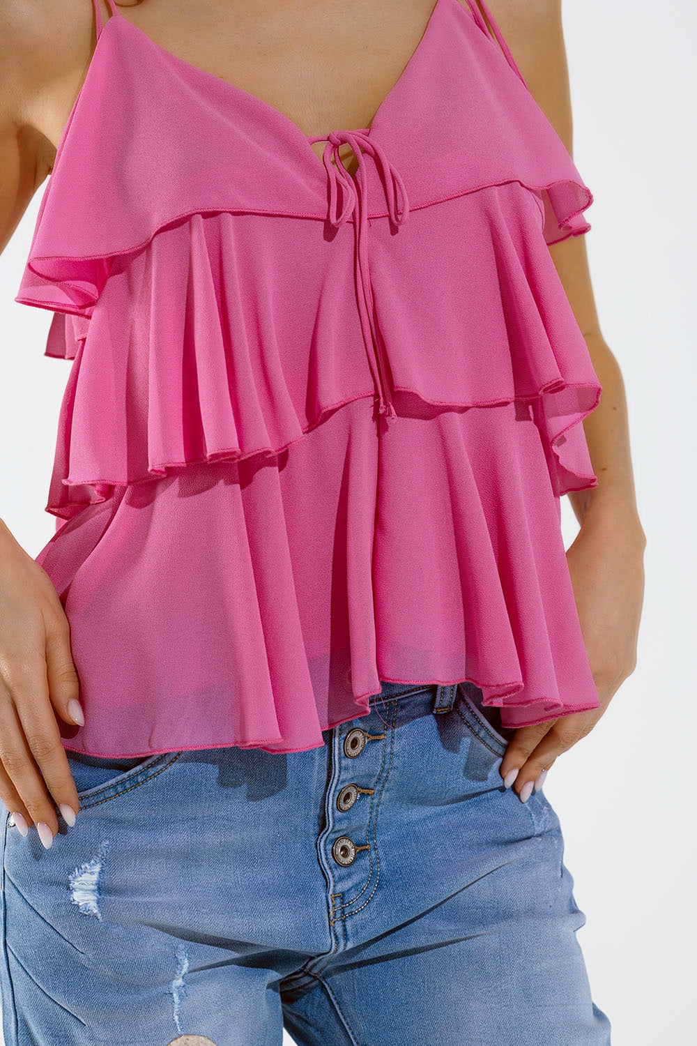 Top à volants et fines bretelles Fuchsia