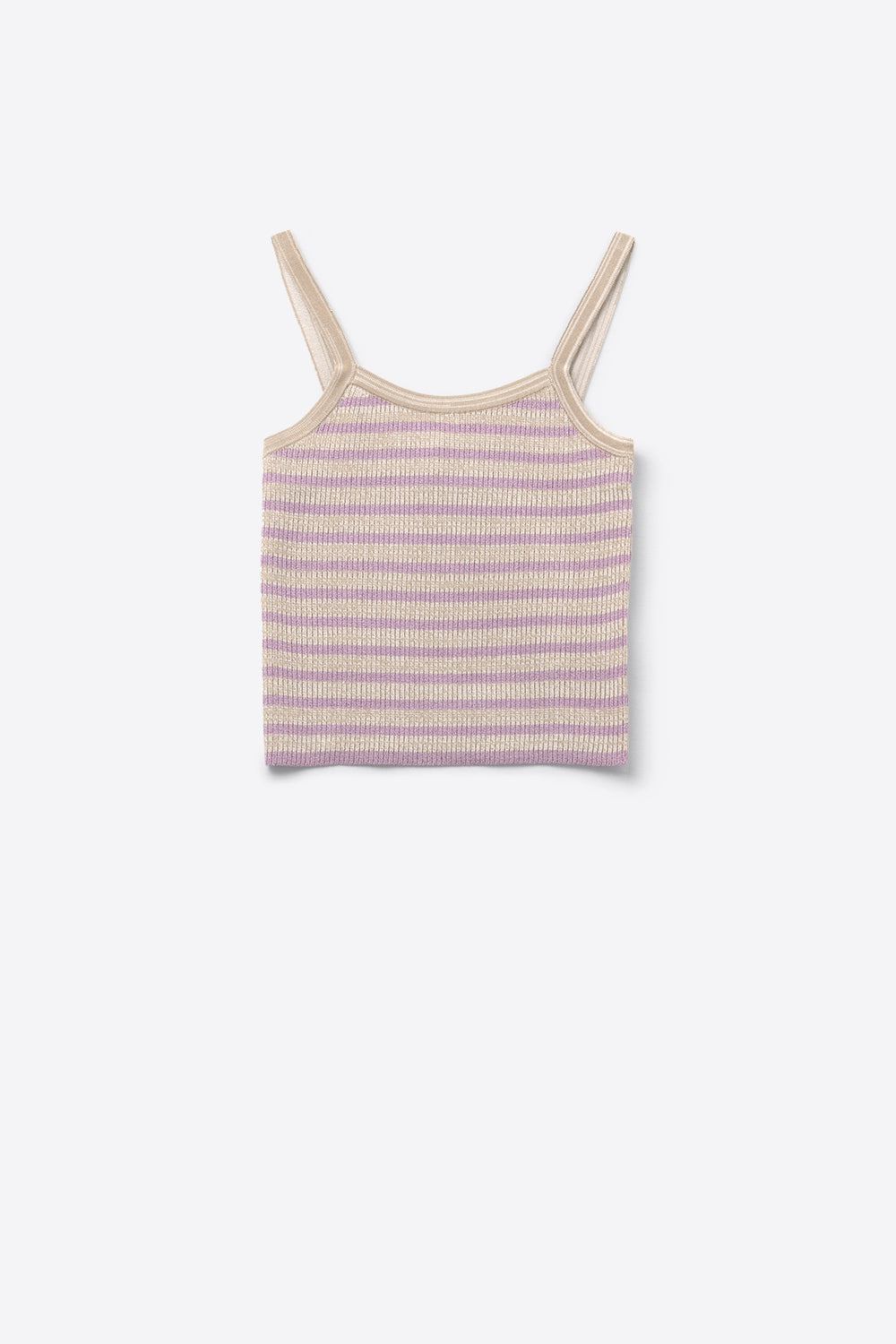 top beige avec rayures et bretelles lilas