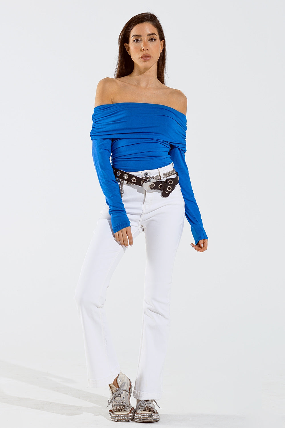 Top bodycon à épaules dénudées en bleu