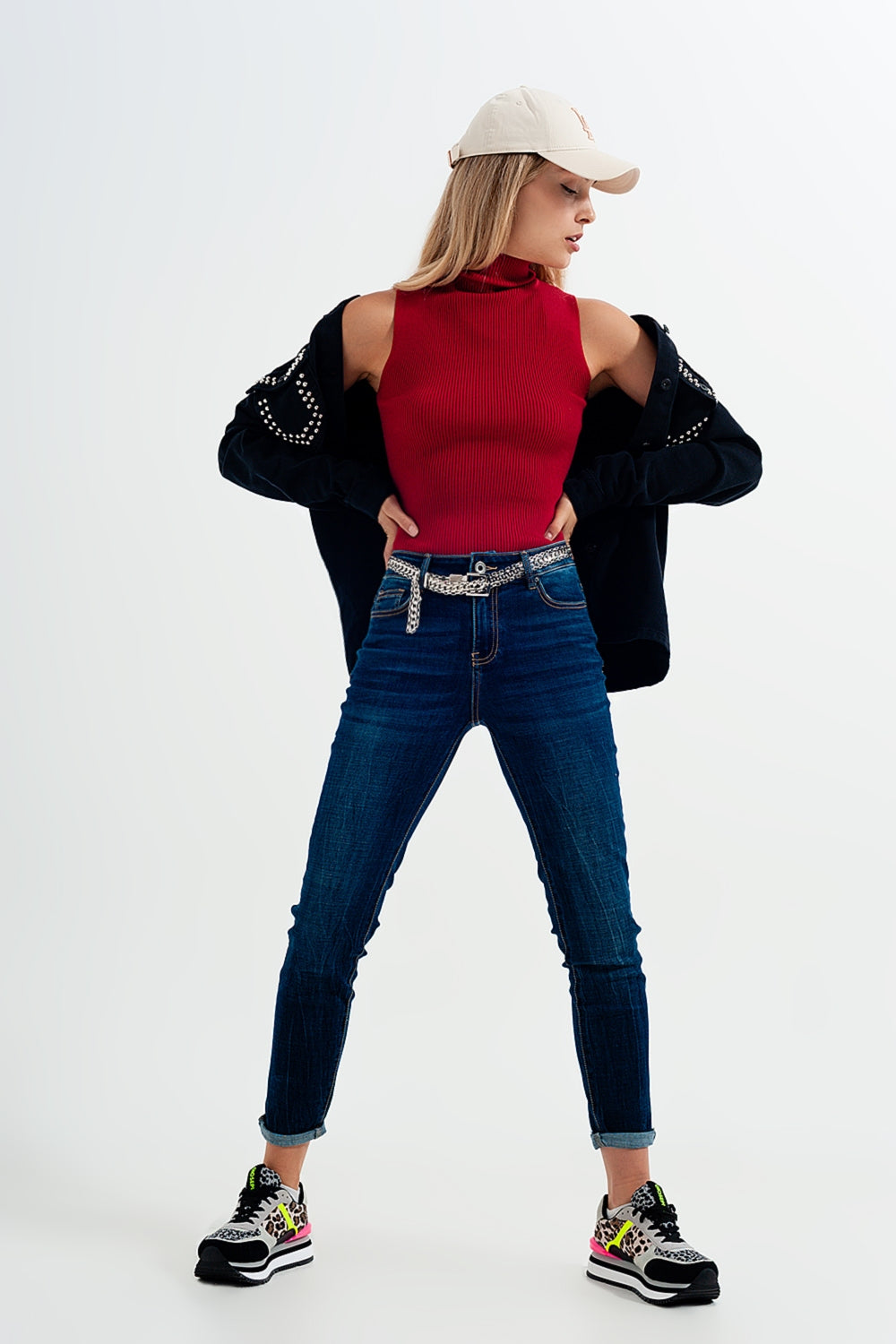 Top col montant d'ensemble en maille rouge