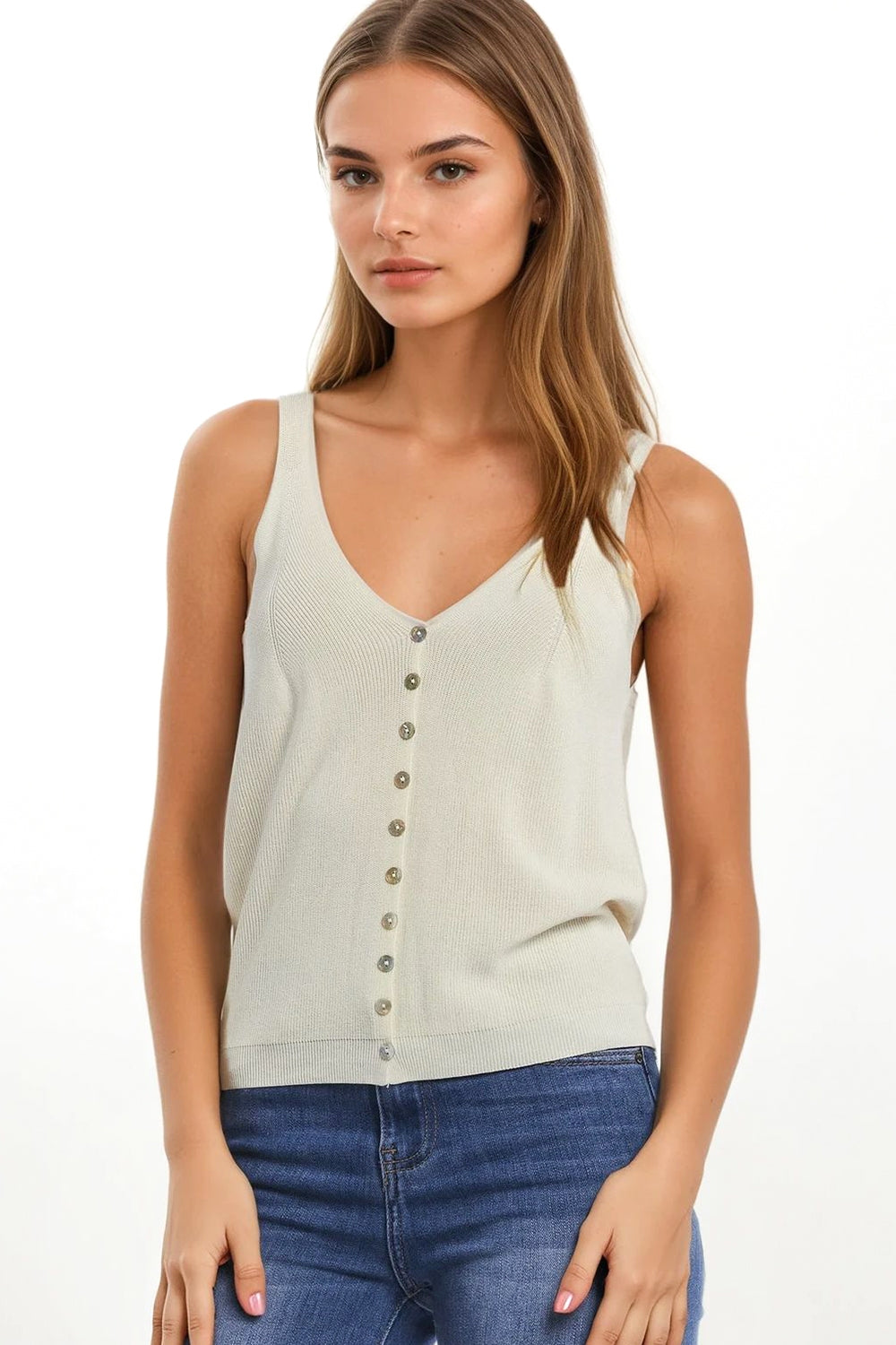 Q2 Top court boutonné en tricot beige