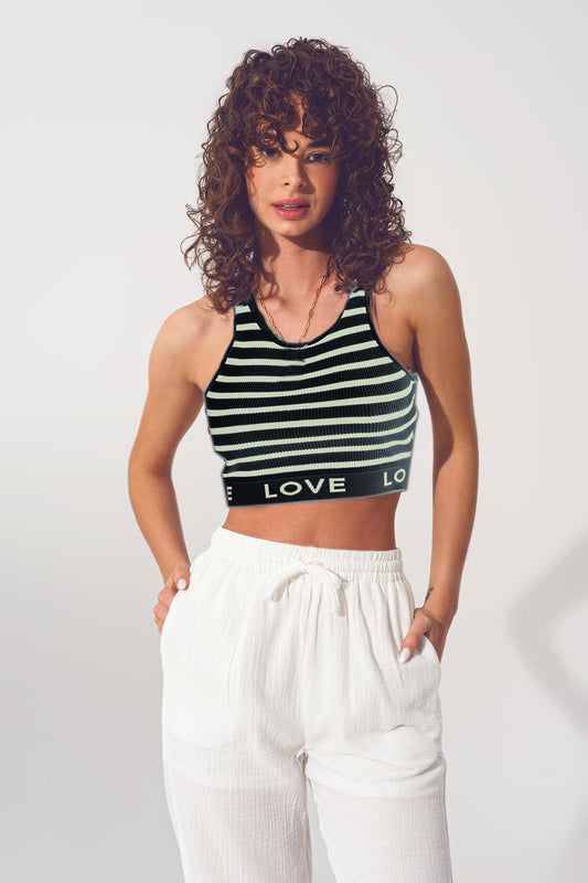 Q2 Top court rayé avec texte Love en noir et beige