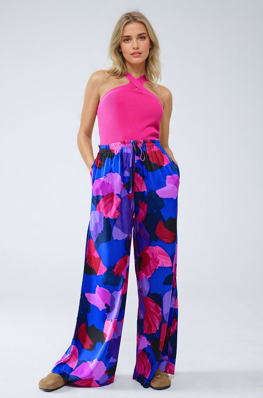 Top croisé en maille sur le devant Fuchsia