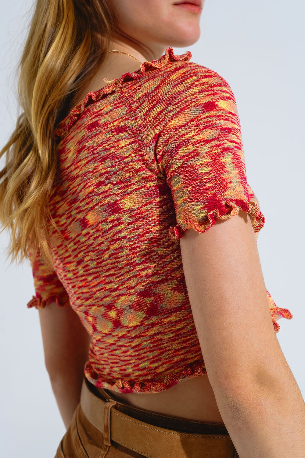 Top croisé en tricot à épaules dénudées mélange rouille