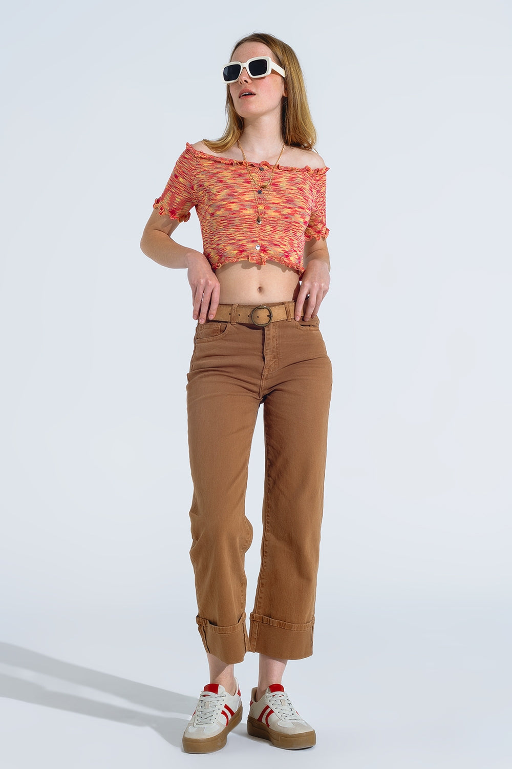 Top croisé en tricot à épaules dénudées mélange rouille