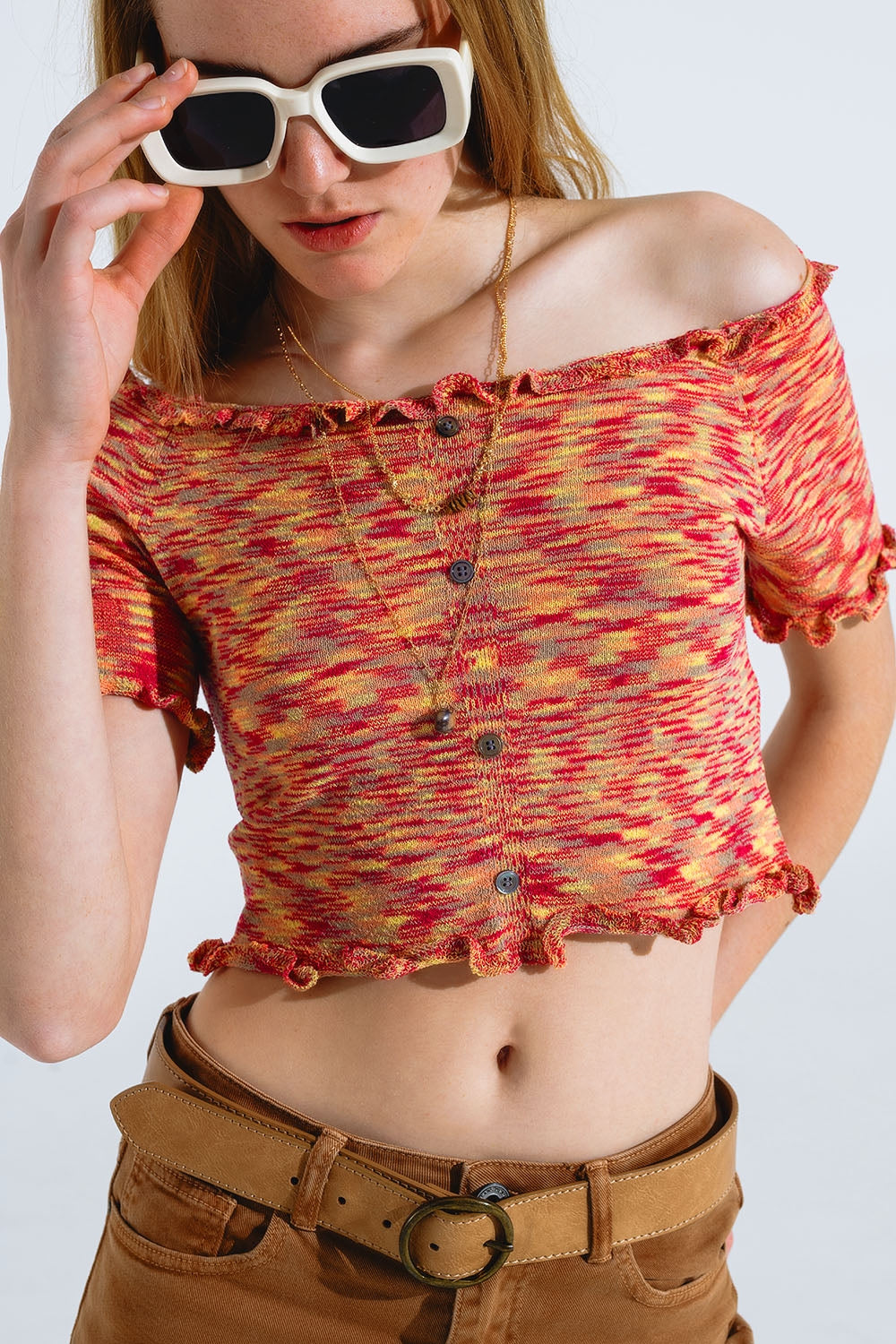Top croisé en tricot à épaules dénudées mélange rouille