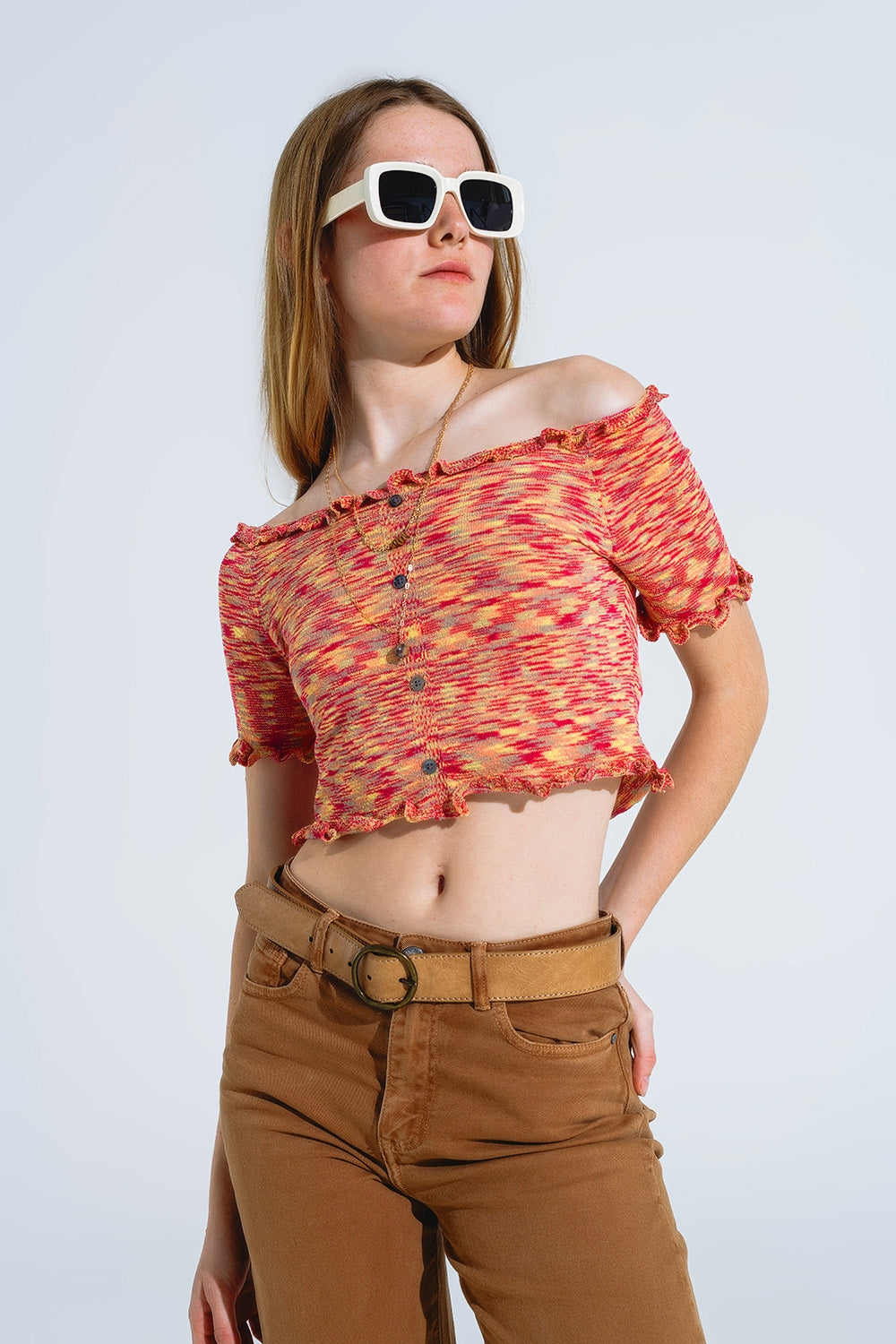Top croisé en tricot à épaules dénudées mélange rouille