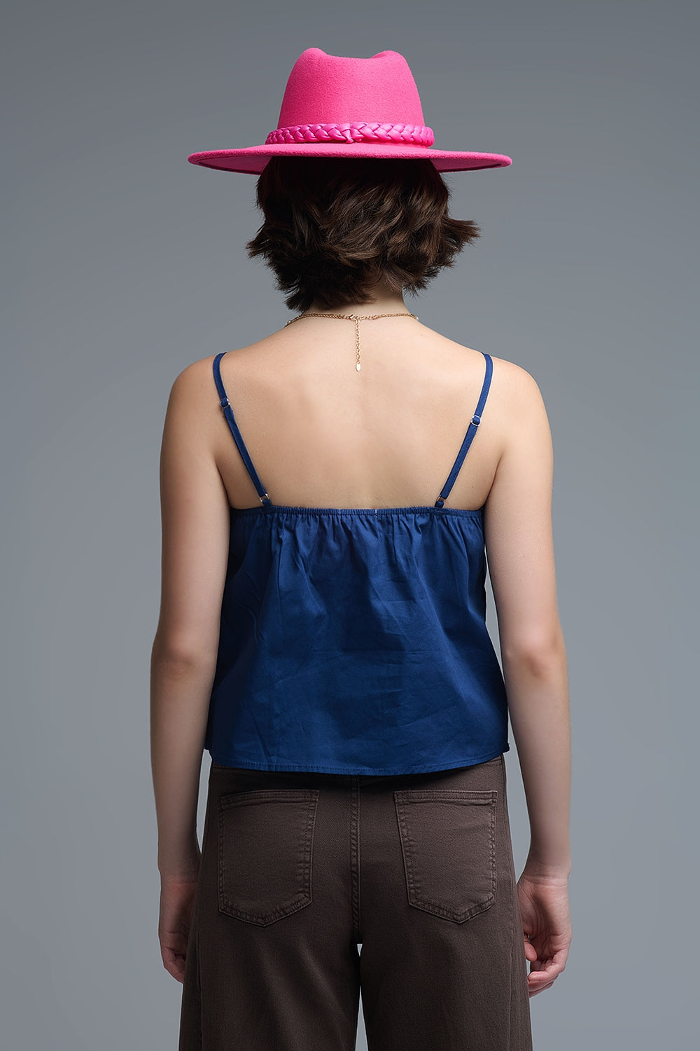 Top crop en popeline marine avec nœud