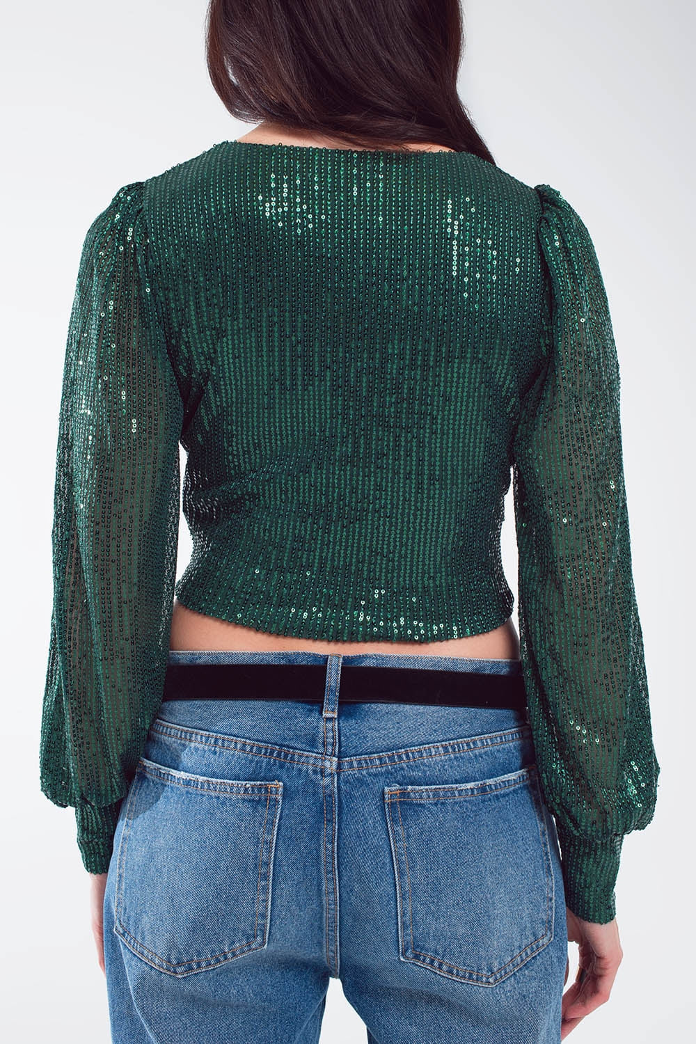 Top cropped à manches longues avec col en V et design roulé en vert