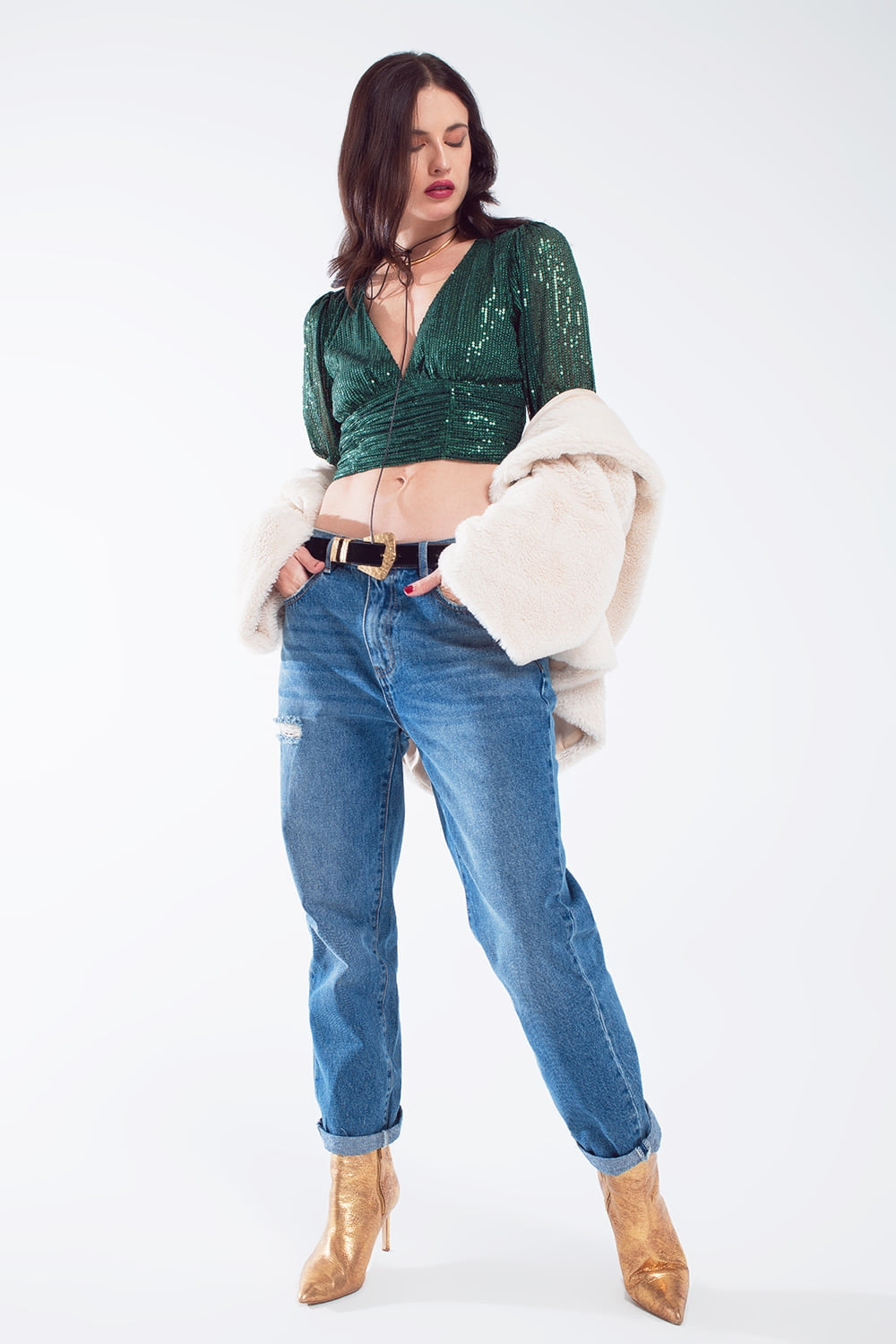 Top cropped à manches longues avec col en V et design roulé en vert