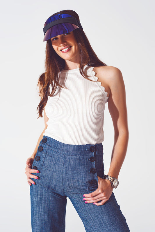 Q2 Top dos nu côtelé avec finition festonnée en blanc