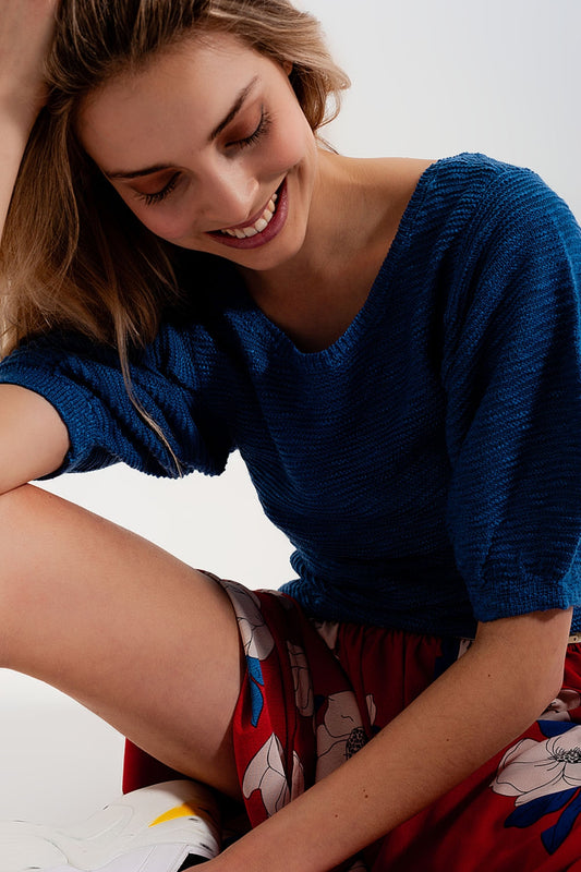 Q2 Top en maille à manches courtes bleu