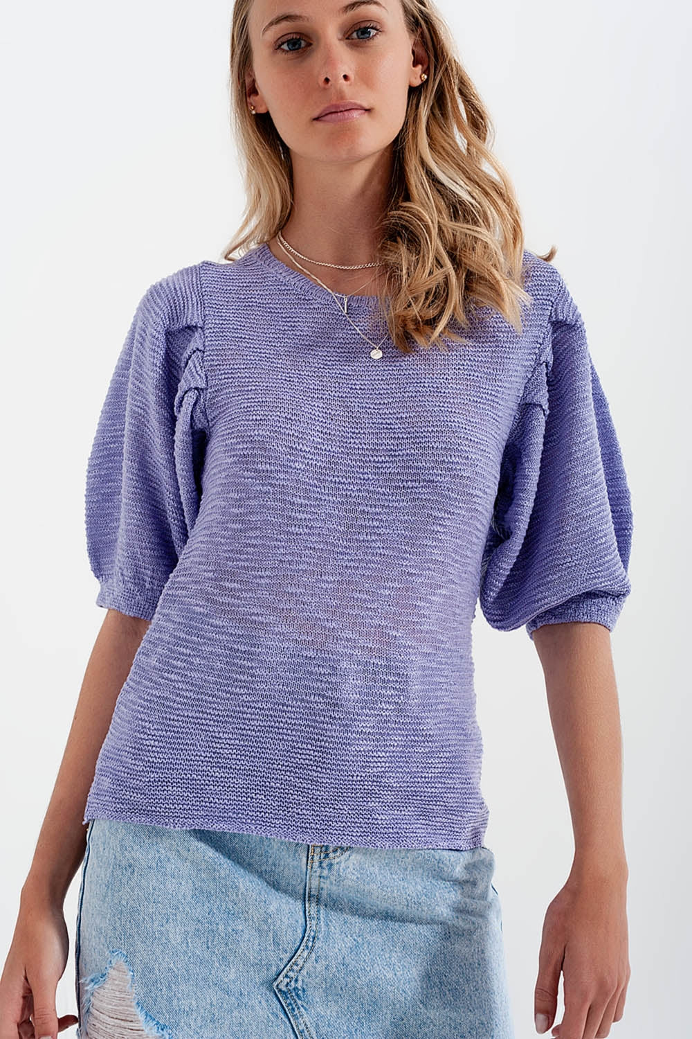Top en maille à manches courtes violet
