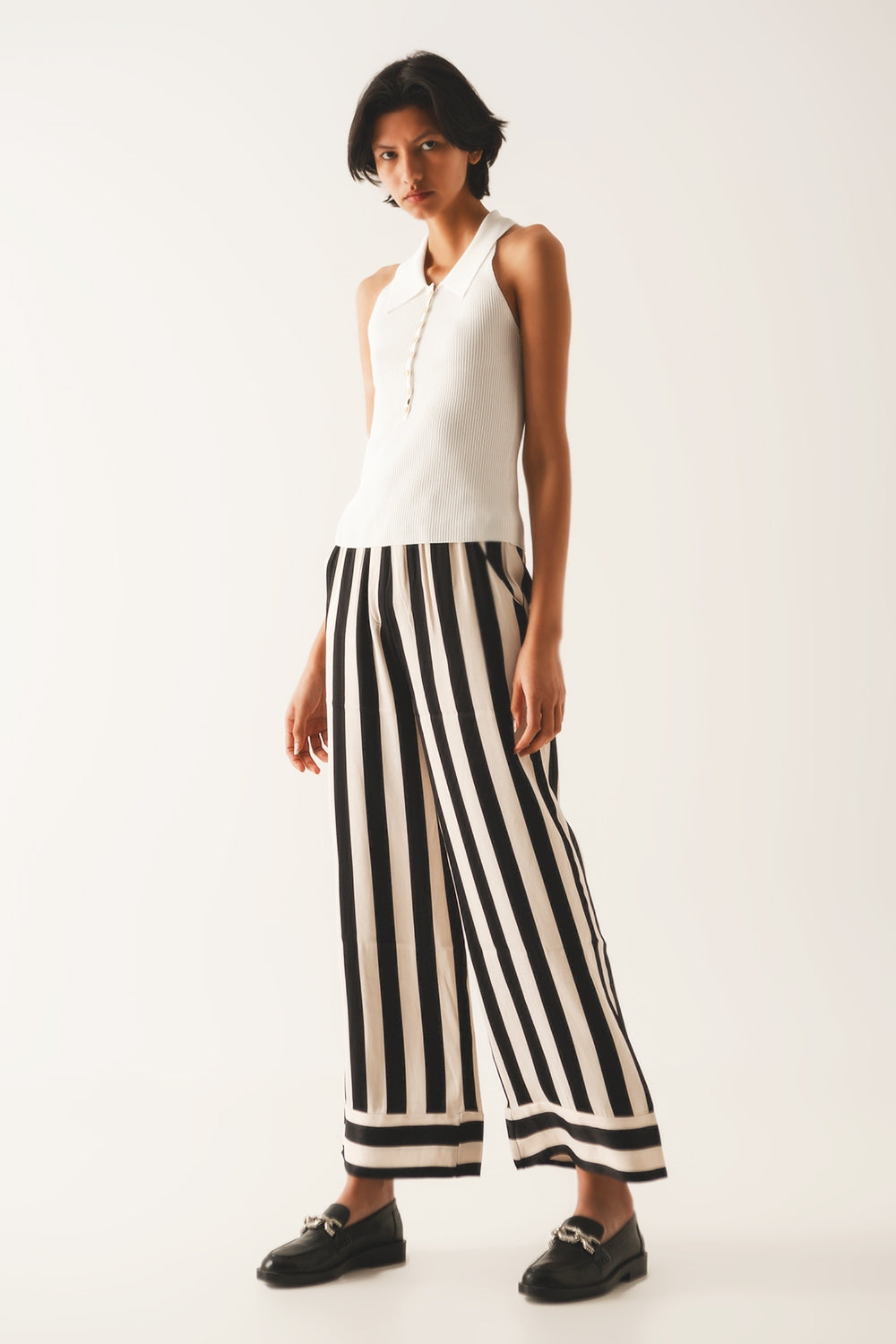 Top en maille côtelée à col polo en creme