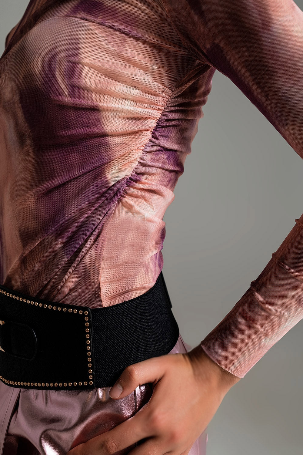 Top en maille froncé sur le côté avec imprimé abstrait rose