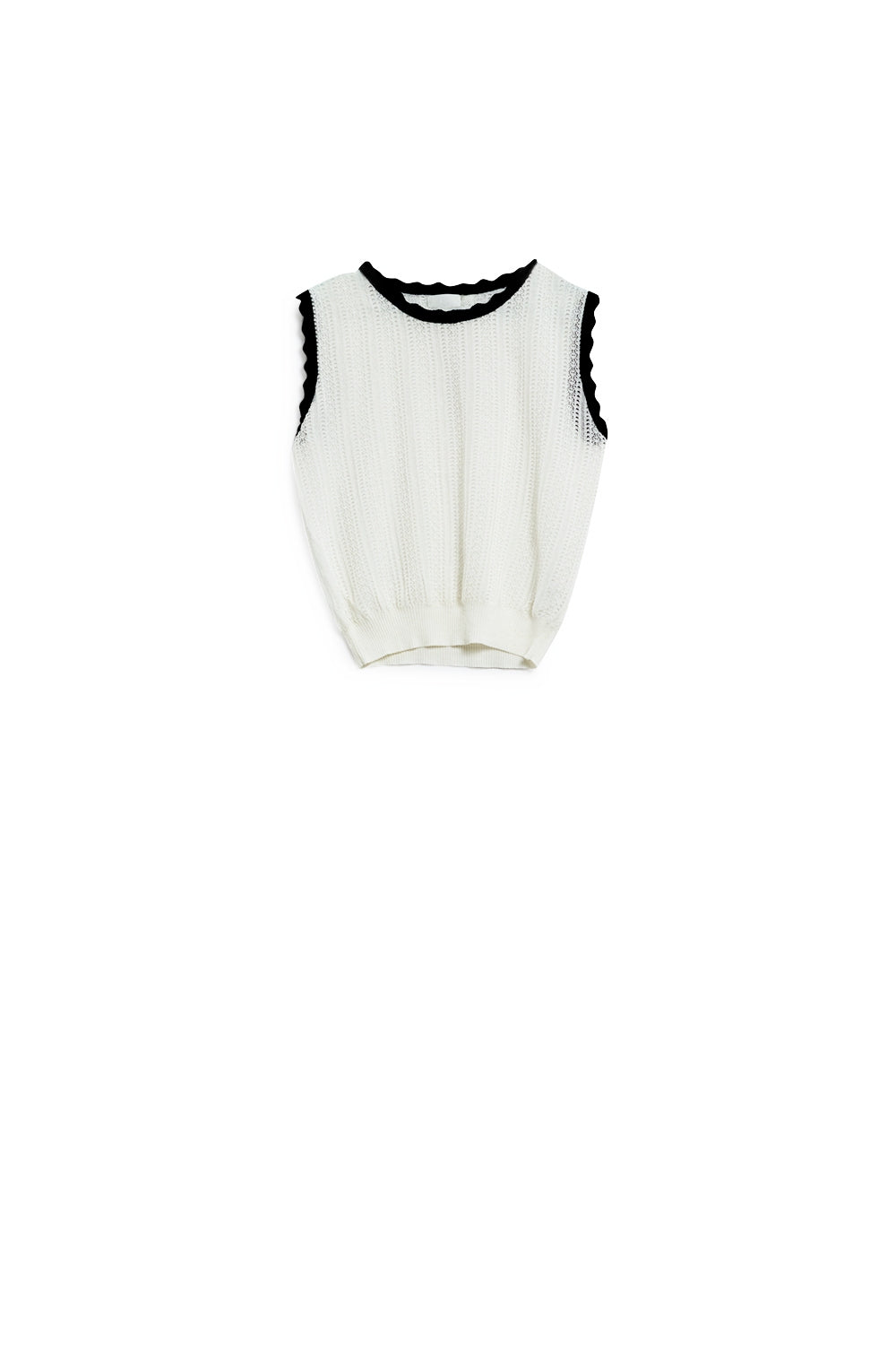 top en maille pointelle blanche avec bordures ondulées noires