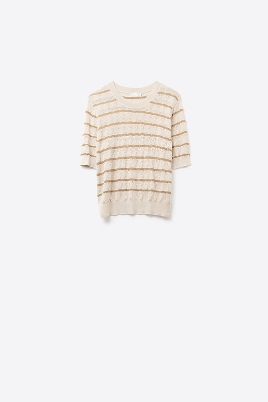 Q2 Top en tricot ajouré beige avec manches courtes et rayures dorées