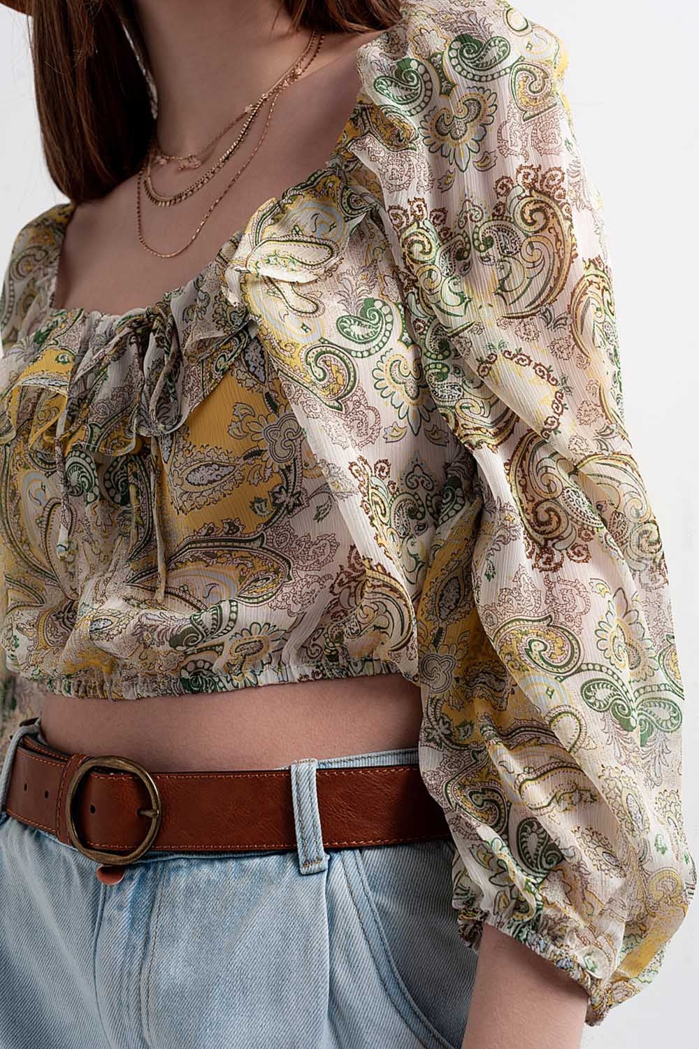 Top manches longues transparent avec lien à nouer et taille froncée cachemire