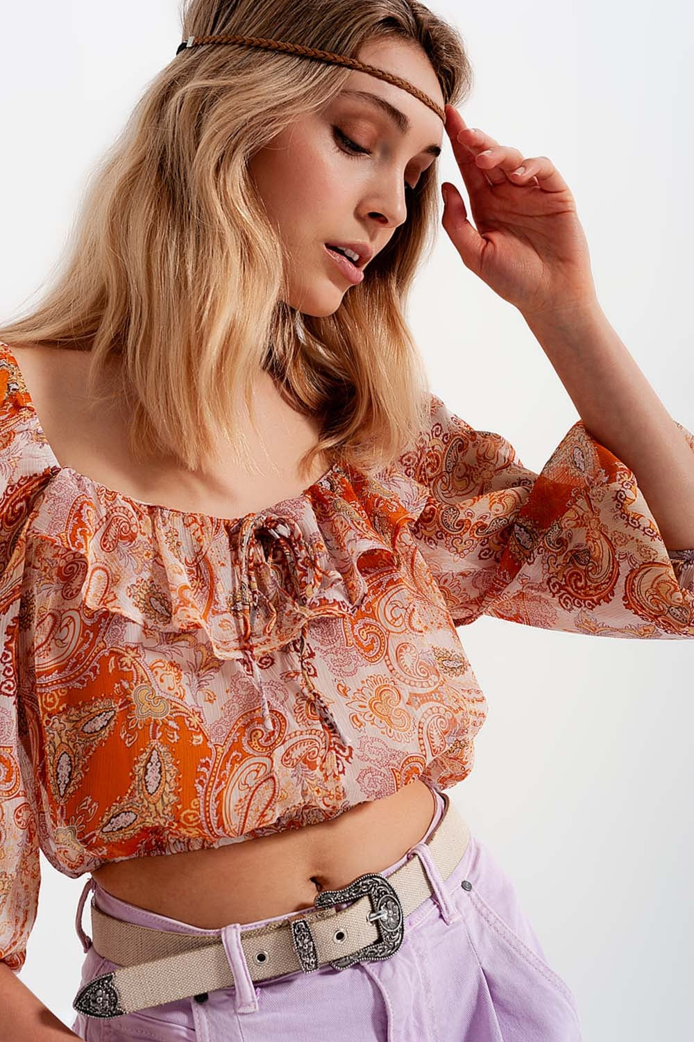 Top manches longues transparent avec lien à nouer et taille froncée orange