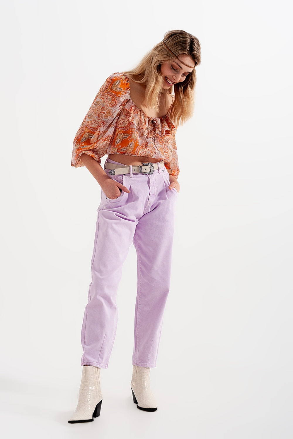 Top manches longues transparent avec lien à nouer et taille froncée orange