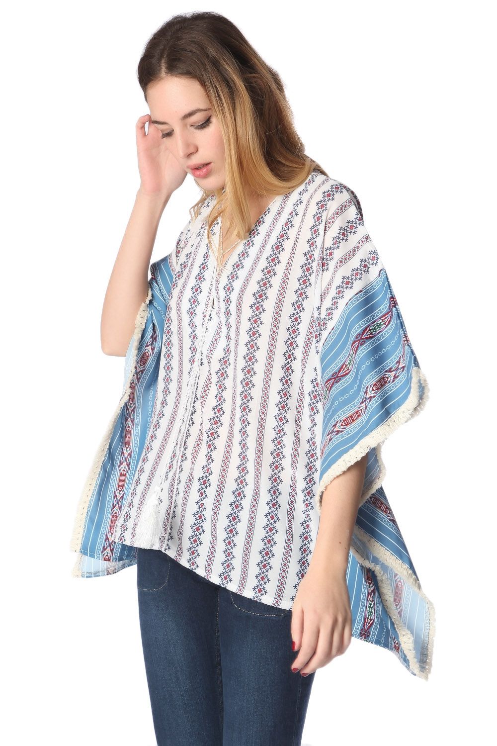 Q2 Top poncho oversize avec motif tribal bleu