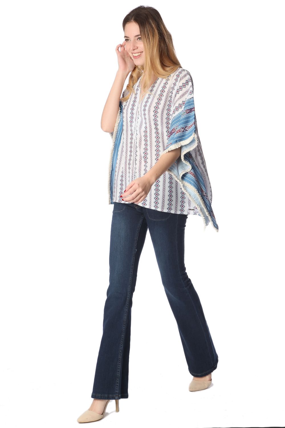 Top poncho oversize avec motif tribal bleu