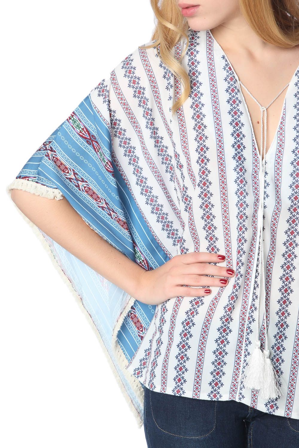 Top poncho oversize avec motif tribal bleu
