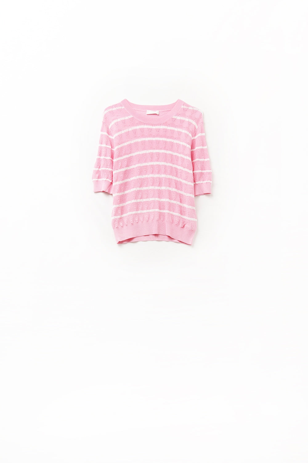 Top rose en tricot ajouré avec manches courtes et rayures blanches