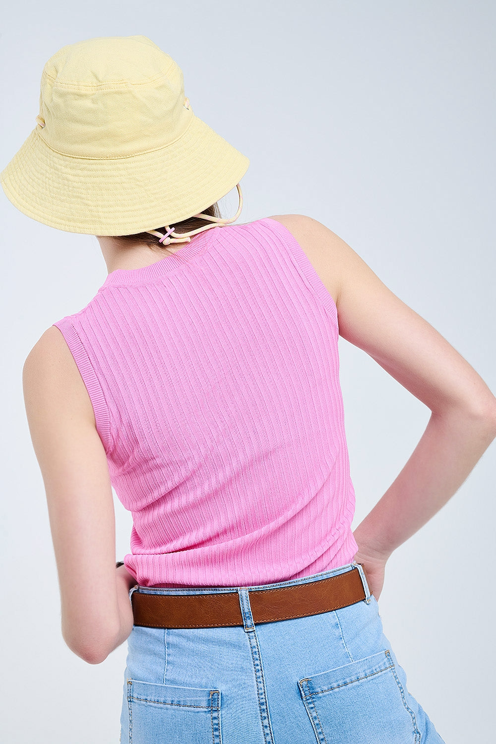 Top sans manches en maille côtelée rose