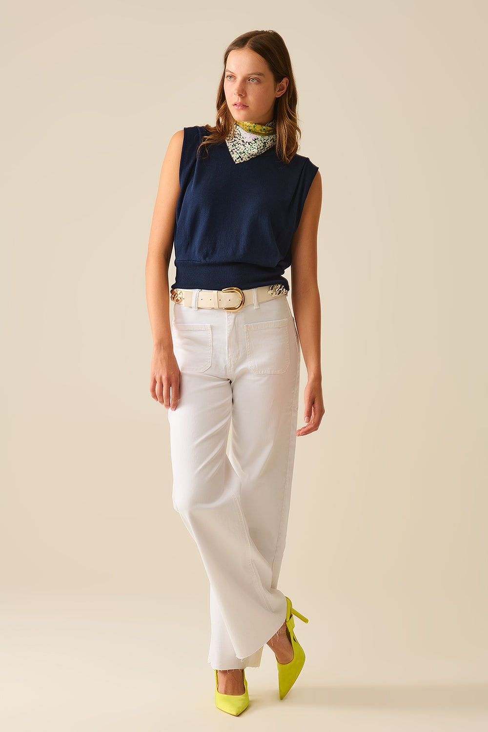 Top sans manches en tricot avec drapé aux épaules en bleu marine