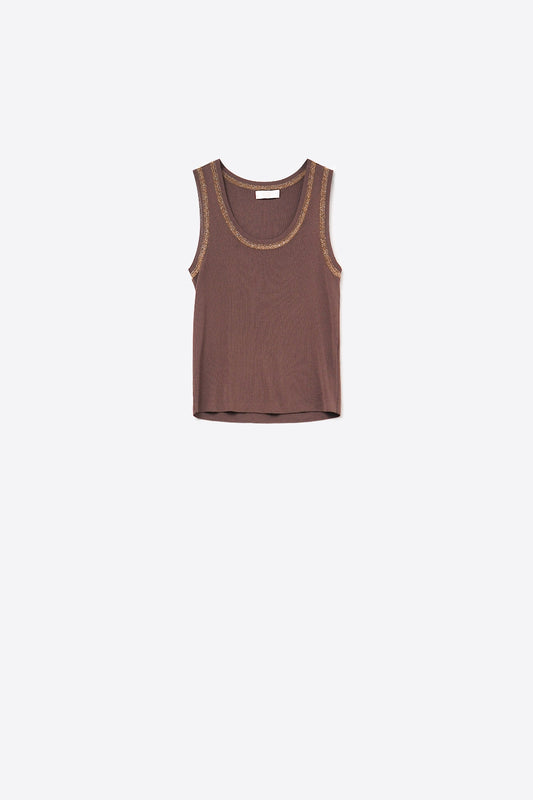 Q2 Top sans manches en tricot marron avec bordures métalliques
