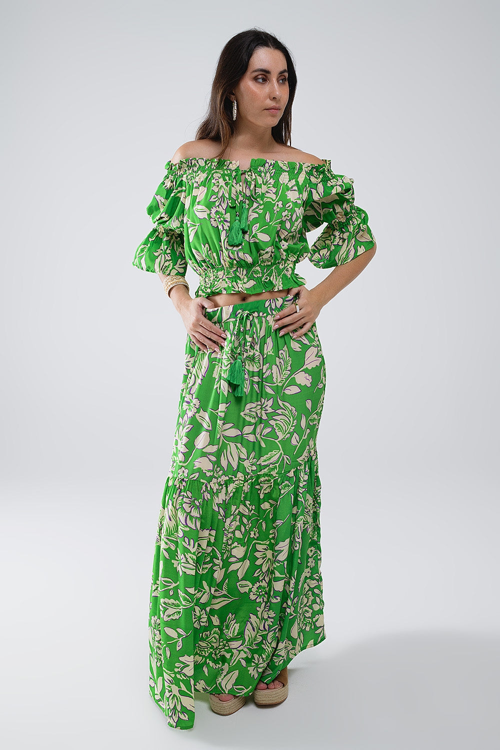 Top vert à taille élastiquée avec imprimé floral