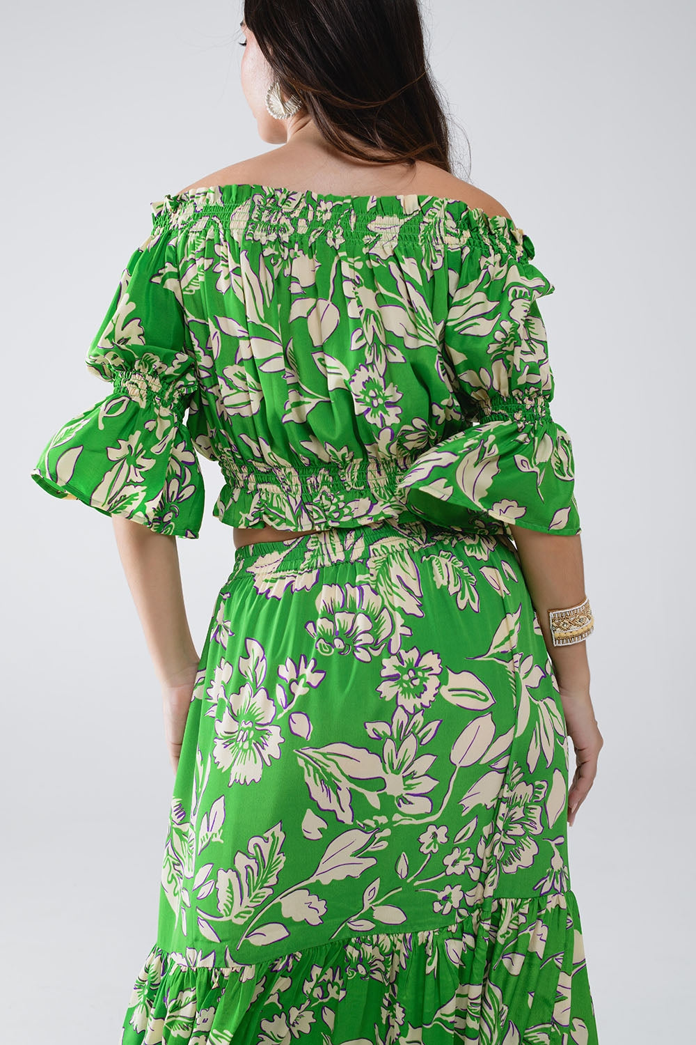 Top vert à taille élastiquée avec imprimé floral
