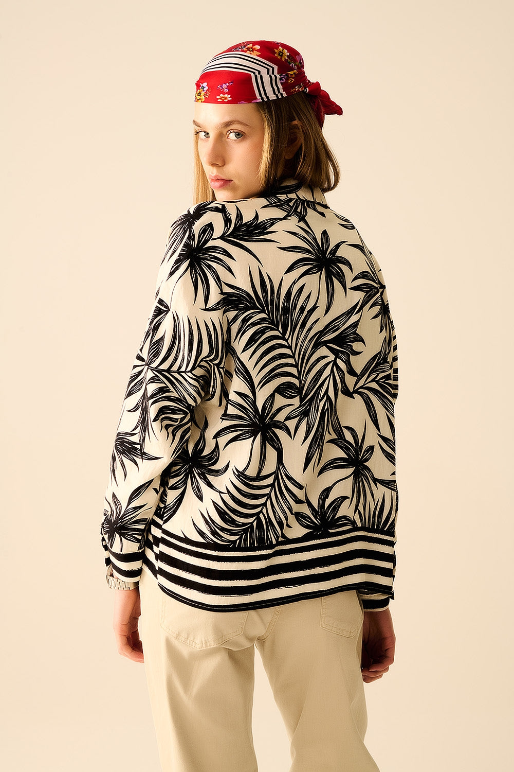 Tropical Motif Blouse Décontractée en Noir et Blanc