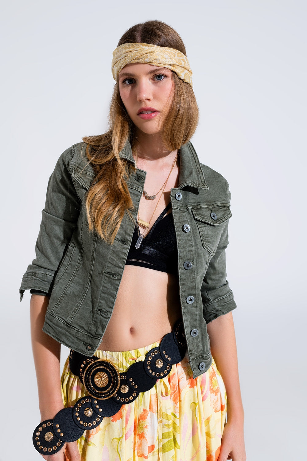 Veste camionneur ajustée en jean de couleur kaki