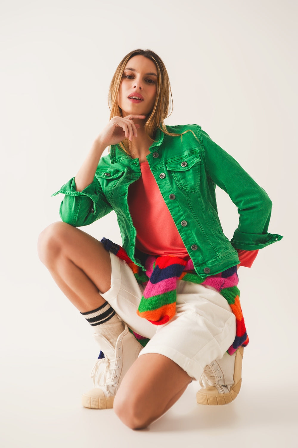 Q2 Veste camionneur ajustée en jean de couleur vert