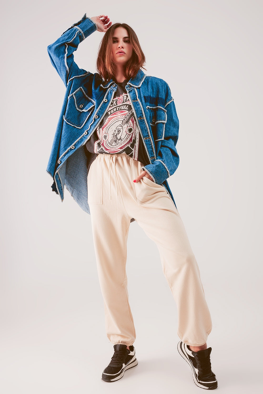 Veste chemise oversize en denim à coutures apparentes structurées bleu moyen