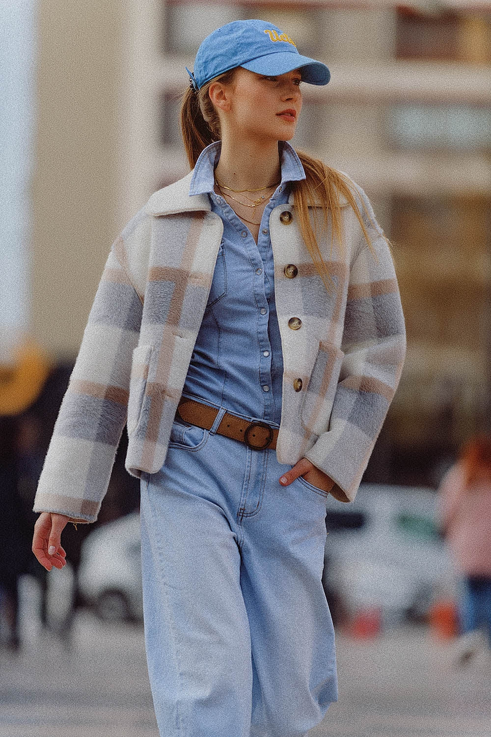 Q2 veste en fourrure à carreaux bleus