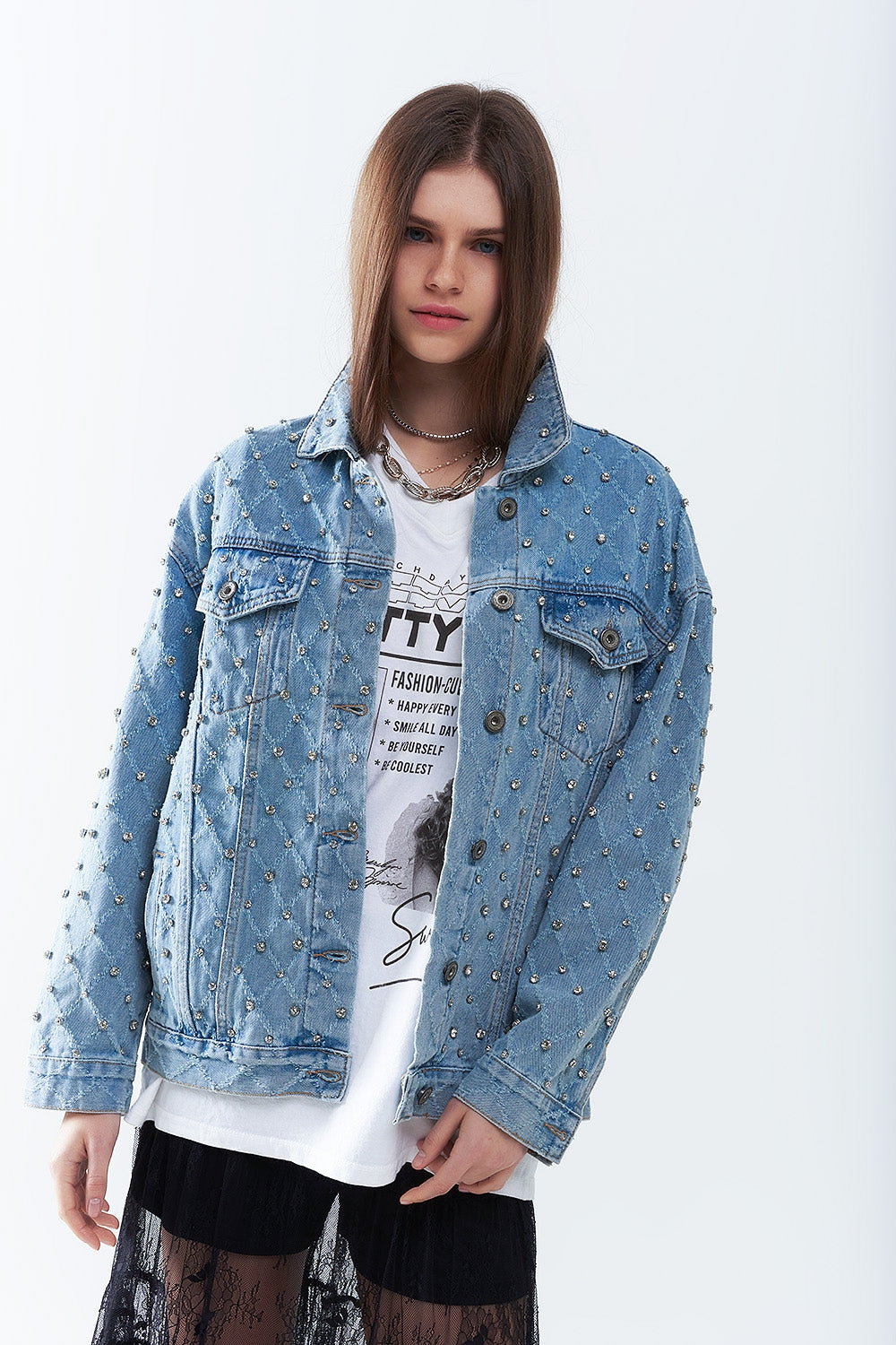 Veste en jean large avec strass en motif losange