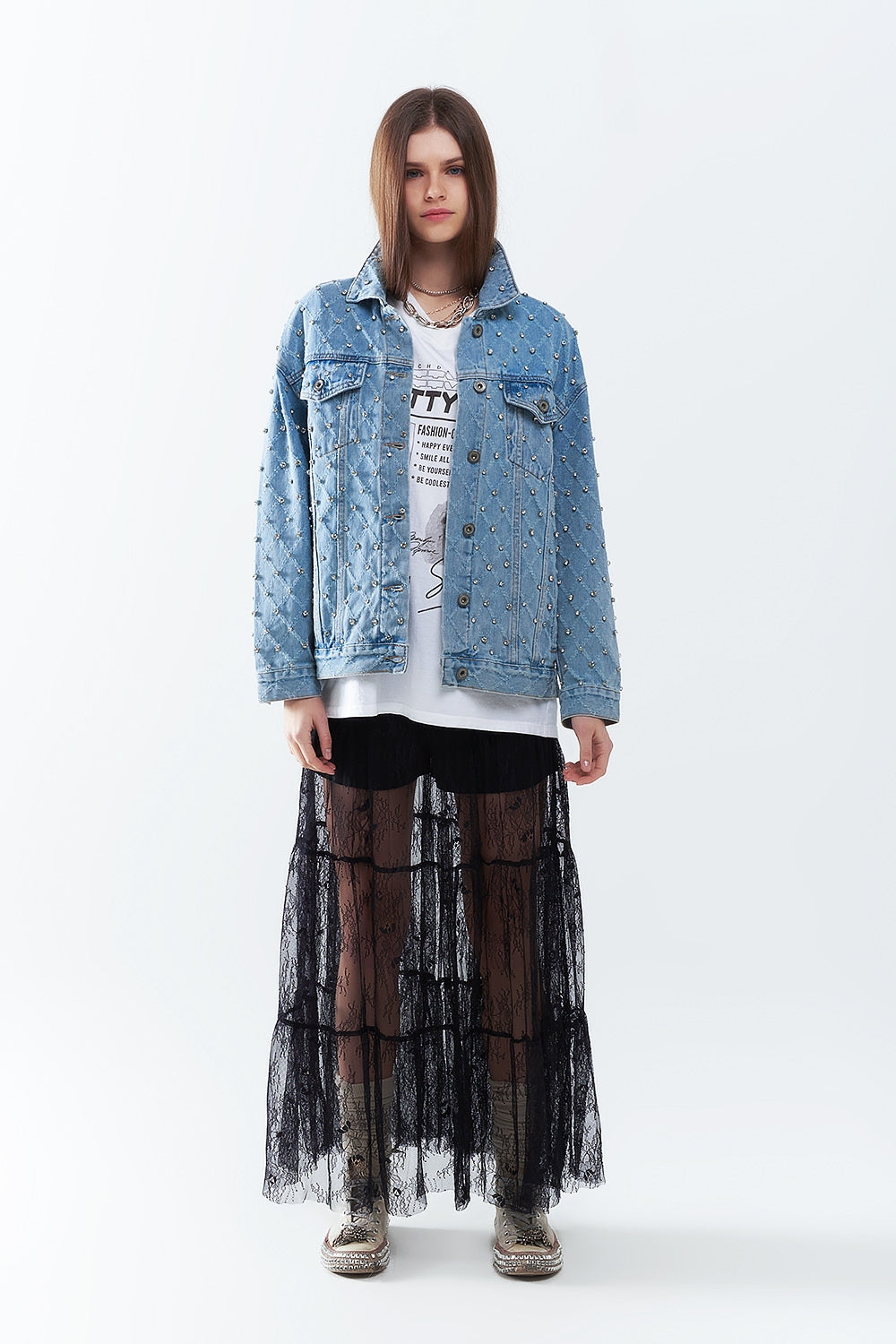 Veste en jean large avec strass en motif losange