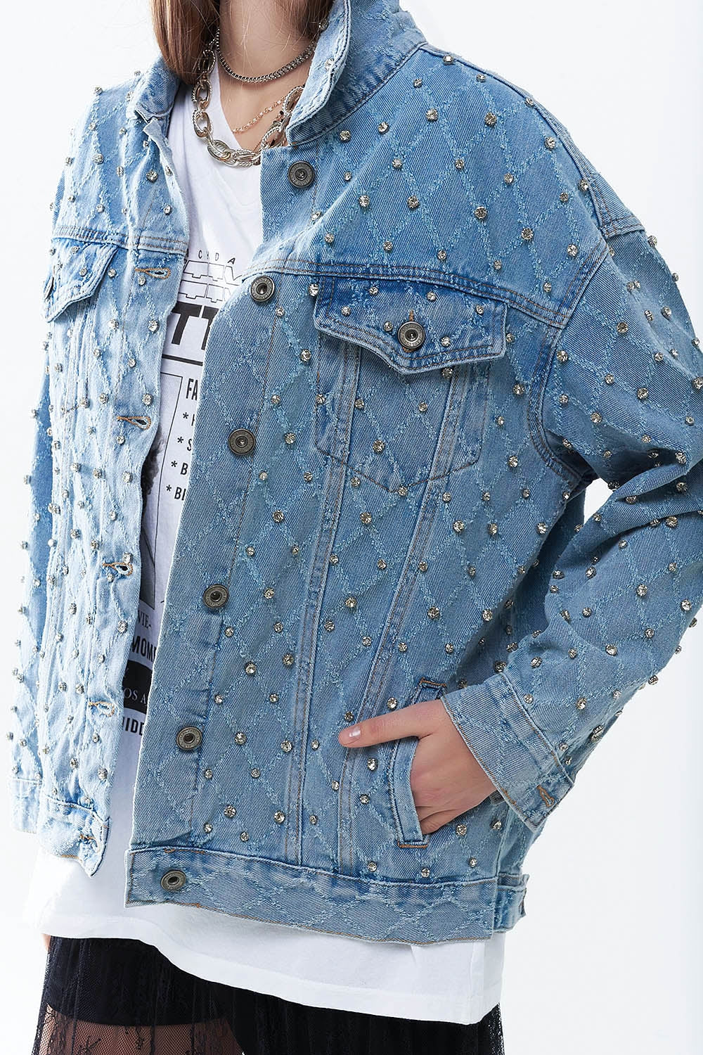Veste en jean large avec strass en motif losange