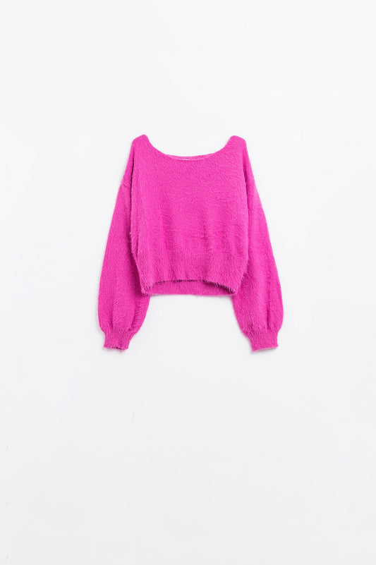 pull cropped fluffy en fuchsia ajusté à la taille