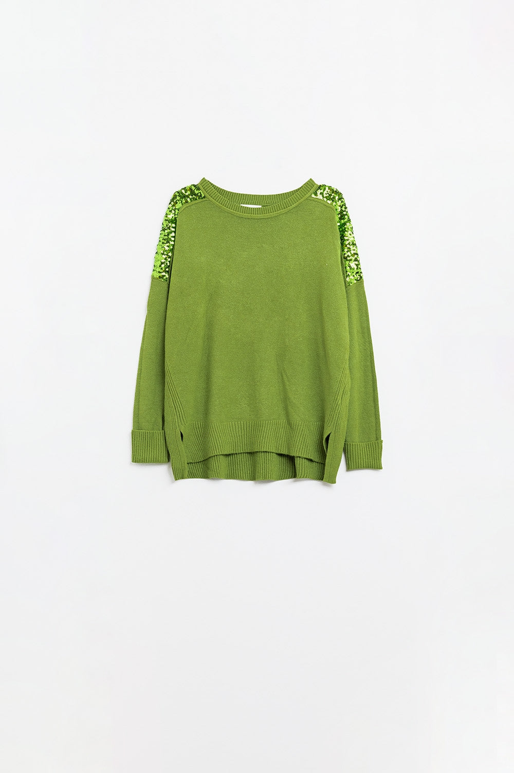 Pull vert à manches longues avec paillettes sur les épaules