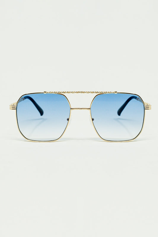 Lunettes de soleil à monture carrée dorée bleu clair ombré
