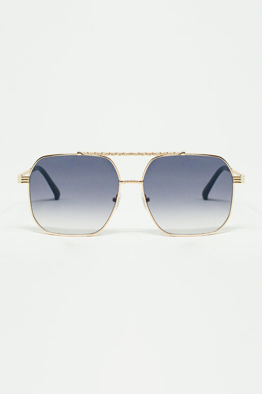 Lunettes de soleil à monture carrée dorée bleu ombré