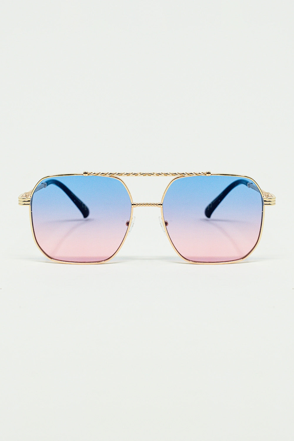 Lunettes de soleil à monture carrée dorée bleu clair ombré et rose